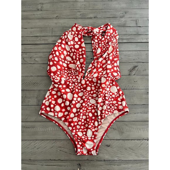 ADRIANA DEGREAS V Neck Red Dot Ray Fish One Piece Halter Neck Swimsuit Size M - Picture 3 of 7